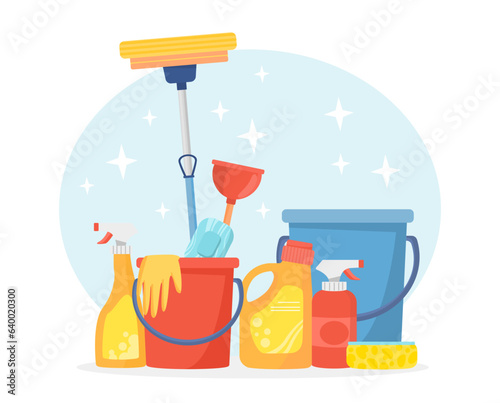 Equipment for cleaning service concept. Rubber yellow gloves at red bucket with water. Detergent and chemical products. Soap and sponge. Template and mock up. Cartoon flat vector illustration