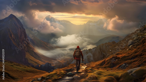Mountains Embracing Sunset: A Hiker's Backview Amidst Snowy Peaks, generative ai  © Marc
