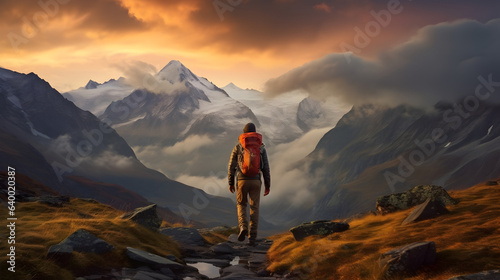 Serenity on High: Sunset and Snow-Capped Peaks from a Hiker's View, generative ai  © Marc