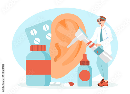 Doctor treats ears concept. Young guy in medical uniform wirth instruments and pills. Young guy checks hearing and diagnoses patient. Laryngologist with inventory. Cartoon flat vector illustration