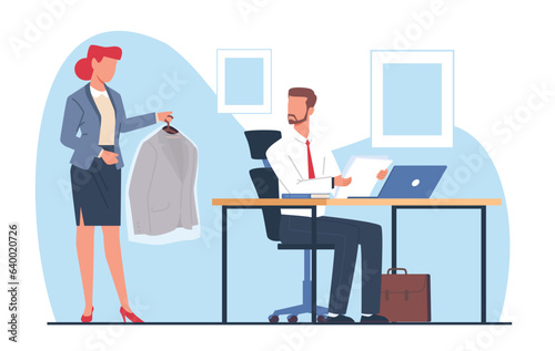 Female personal assistant brought clean jacket from dry cleaners to boss. professional helper for manager or businessman. Effective time management. Cartoon flat isolated vector concept