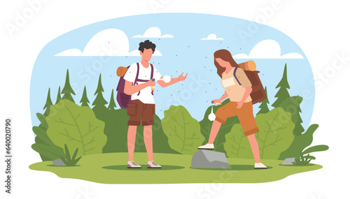 Guy and girl apply anti malarial mosquito bite spray while camping in wilderness. MAn and woman in forest using insect repellent. Summer hiking. Cartoon flat isolated vector concept