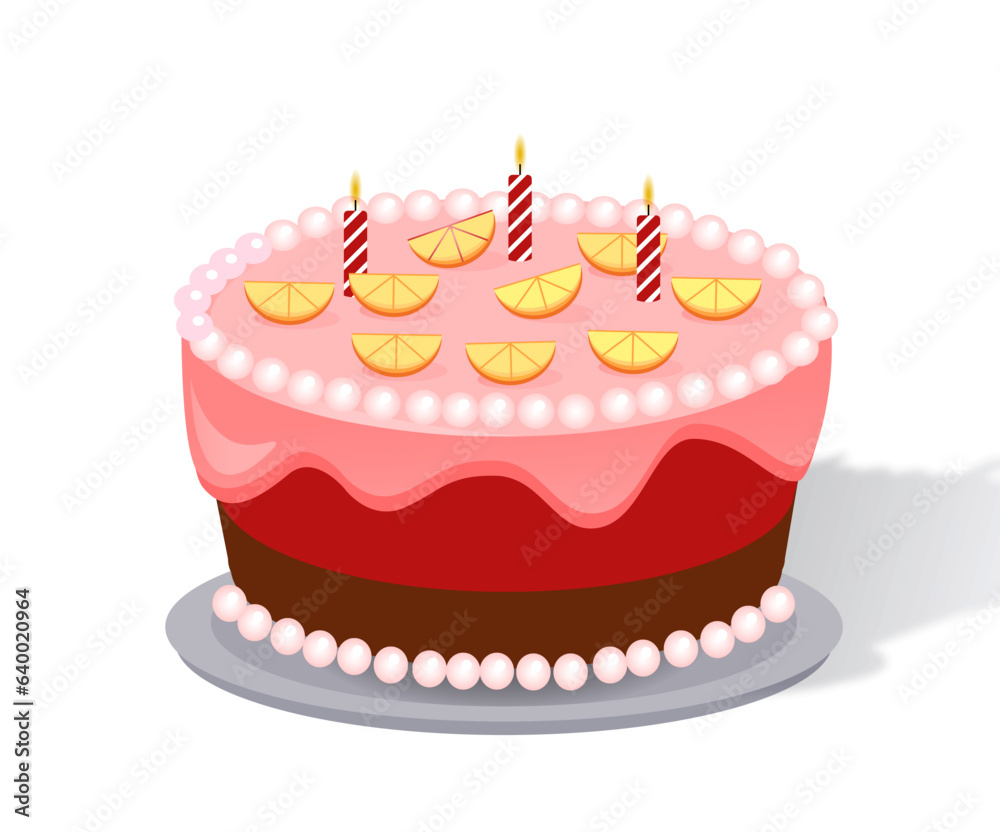 Cake for birthday concept. Dessert and delicacy for annual holiday and festival. Candy product with candles. Poster or banner. Cartoon isometric vector illustration isolated on white background