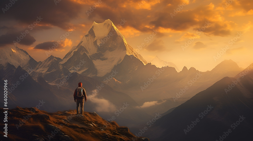 Alpine Reflections: Hiker's Backview Amidst Sunset and Snowy Mountain Tops, generative ai 