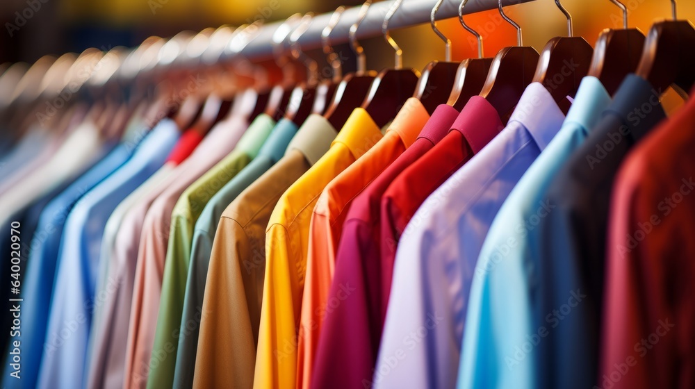 Photo of a colorful row of shirts hanging on a clothing rack Photo of a colorful row of shirts hanging on a clothing rack