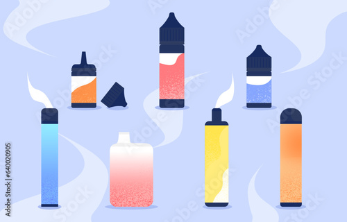 Set of electronic cigarettes concept. Equipment for vapers. Steam with aroma. Gadget and devices. Digital ecigarette, vape. Cartoon flat vector collection isolated on blue background