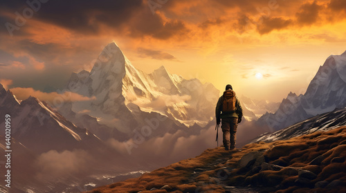 Alpine Reflections: Hiker's Backview Amidst Sunset and Snowy Mountain Tops, generative ai 