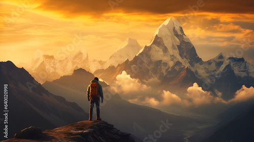 Alpine Reflections: Hiker's Backview Amidst Sunset and Snowy Mountain Tops, generative ai  © Marc