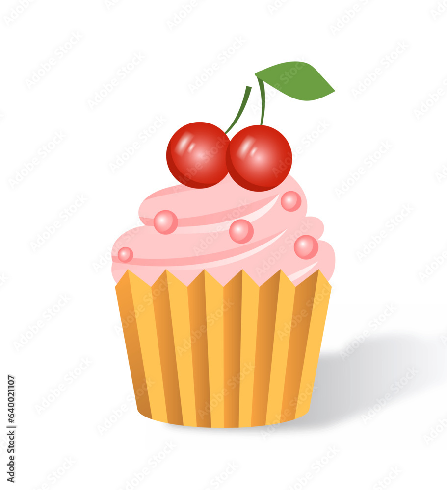 Cake with cherry for birthday concept. Candy and sweet product. Dessert and delicacy. Poster or banner for website. Cartoon isometric vector illustration isolated on white background Cake with cherry for birthday concept. Candy and sweet product. Dessert and delicacy. Poster or banner for website. Cartoon isometric vector illustration isolated on white background