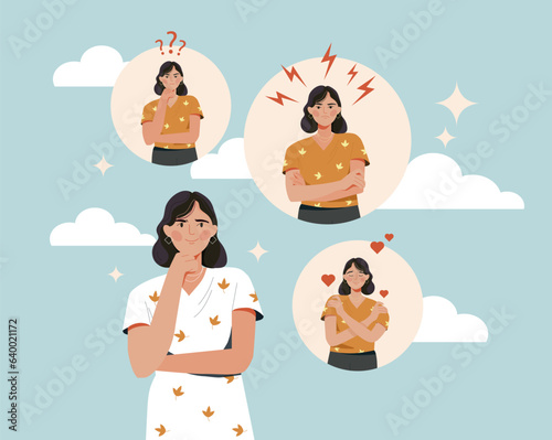 Woman with different emotions. Young girl with self love, stress and thoughtfulness. Character with facial expressions. Mental health and psychology. Cartoon flat vector illustration