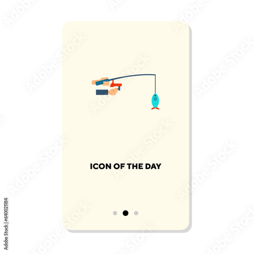 Angler catching fish on spinning flat vector icon. Cartoon drawing of angling equipment for fisherman isolated vector illustration. Leisure, hobby, outdoor activity concept for web design and apps