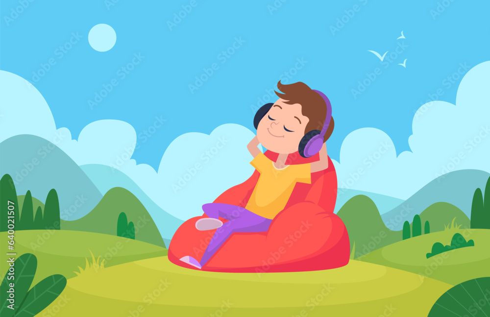 Boy listen music. relax time outdoor on cozy sitting place. Vector pictures in cartoon style
