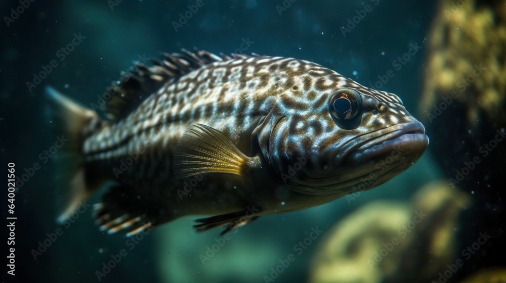 Fototapeta premium Underwater view with a blue fish with yellow fins near the reef in the tropical ocean. Wildlife. Sea and ocean world. Life in a coral reef. Ecosystem.