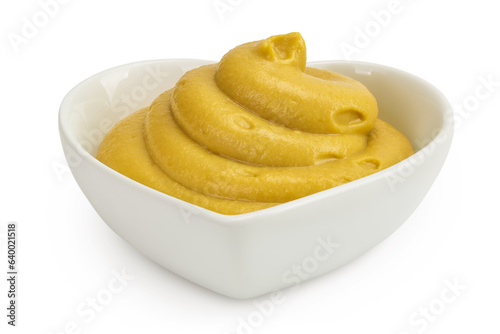 Mustard sauce in ceramic bowl isolated on white background