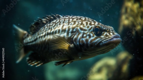 Underwater view with a blue fish with yellow fins near the reef in the tropical ocean. Wildlife. Sea and ocean world. Life in a coral reef. Ecosystem.
