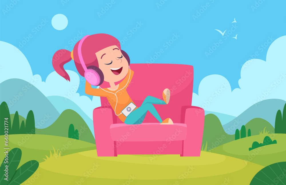 Girl listen music. happy female characters outdoor listen with headset. Vector cartoon background