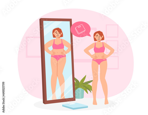 Girl fat in mirror concept. Woman sees herself overweight in reflection. Psychological disorder and mental problems. Character with low self esteem. Cartoon flat vector illustration