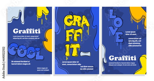 Graffiti covers set. Vandalism and hooliganism. Street creativity and art. Template, flyer and leaflet. Artwork and ink splashes. Cartoon flat vector collection isolated on white background