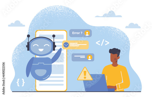 Man with chat gpt concept. Young guy chat with ai. Artificial intelligence and machine learning. Knowledge and information. Robot answers users questions. Cartoon flat vector illustration