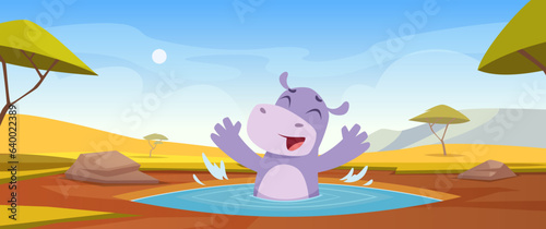 Hippo background. Cartoon african savanna with wild hippo animals exact vector templates set