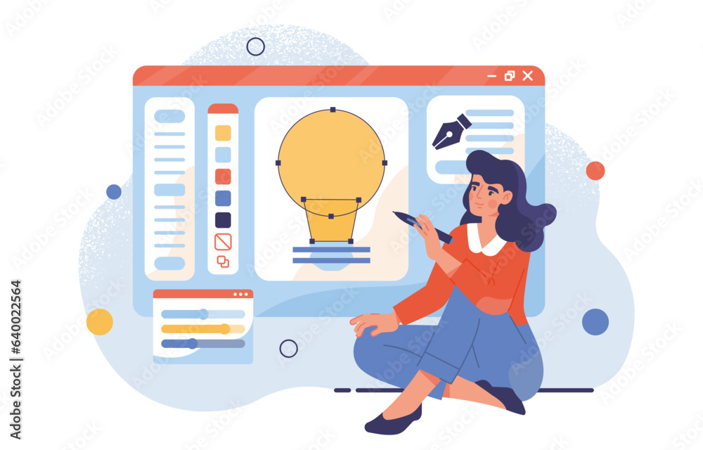 Obraz premium Woman graphic designer with idea. Young guy with pencil draw light bulb. Inspiration and aspiration. Creative and talented author and digital artist. Cartoon flat vector illustration