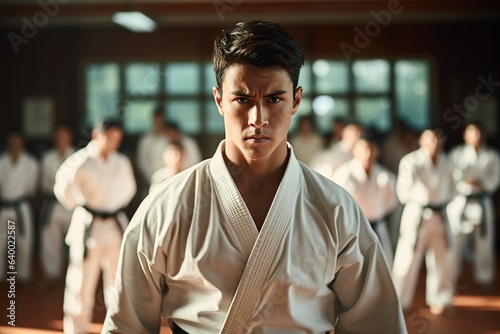 young man performing a karate asian martial arts training in a dojo hall