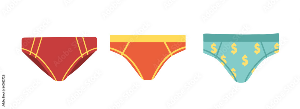Man trunks set. Clothes for beach and sunbathing. Summer wear. Red, orange and blue underpants. Template, layout and mock up. Cartoon flat vector collection isolated on white background