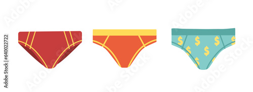 Man trunks set. Clothes for beach and sunbathing. Summer wear. Red, orange and blue underpants. Template, layout and mock up. Cartoon flat vector collection isolated on white background
