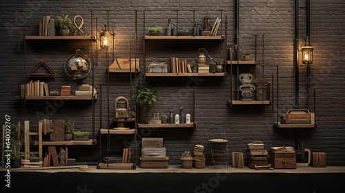 A collage of the steps involved in creating a DIY industrial pipe shelf. Capture each stage, from gathering materials to the final product on a brick wall, filled with books and decor, cinematic style © Marco Attano