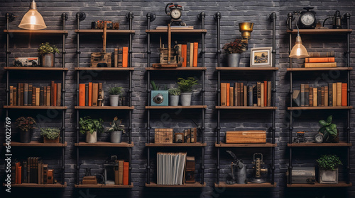 A collage of the steps involved in creating a DIY industrial pipe shelf. Capture each stage, from gathering materials to the final product on a brick wall, filled with books and decor, cinematic style