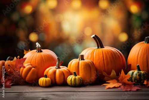 Festive autumn decor from pumpkins  leaves and lights on background