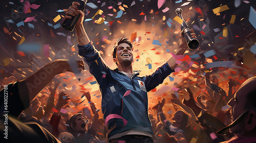 A vibrant digital art depiction of a triumphant eSports athlete hoisting a championship trophy, dynamic perspective, audience in the background, celebratory confetti falling © Marco Attano