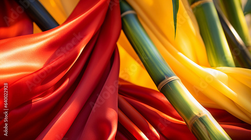 Detailed, vibrant photograph, bamboo fabric flowing in the wind, natural setting, afternoon sunlight
