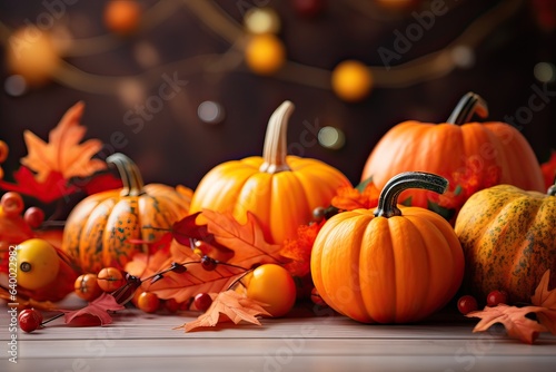 Festive autumn decor from pumpkins  leaves and lights on background