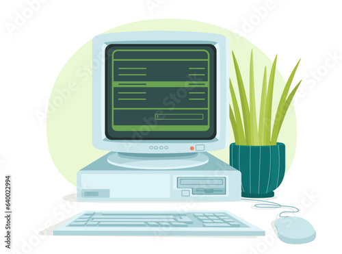 Old computer concept. Retro device and gadget with flower pot. Big monitor with small display near keypad. Back to 80s and 90s. Electronic industry and hardware pc. Cartoon flat vector illustration