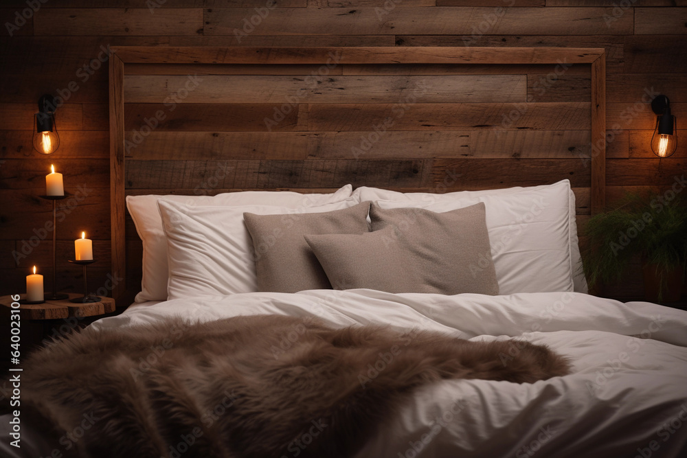 a reclaimed wood headboard, rustic style, on a plush bed with white linens, cozy bedroom ambiance