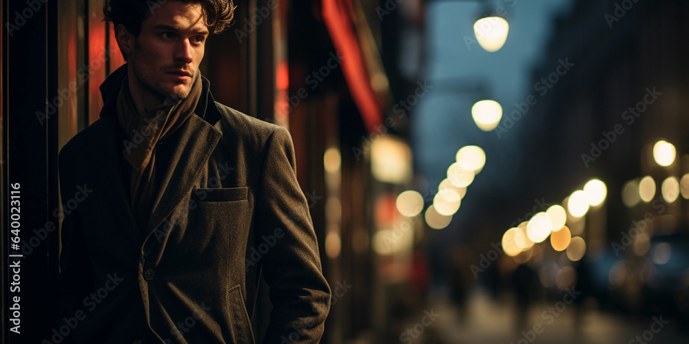 Naklejka premium stylish image, fashionable male model wearing clothes made from recycled materials, urban environment, dusk, moody lighting