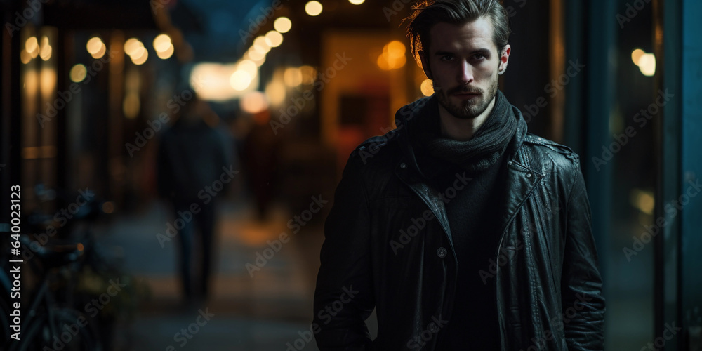 stylish image, fashionable male model wearing clothes made from recycled materials, urban environment, dusk, moody lighting
