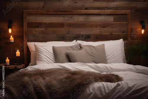 a reclaimed wood headboard, rustic style, on a plush bed with white linens, cozy bedroom ambiance