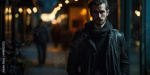 stylish image, fashionable male model wearing clothes made from recycled materials, urban environment, dusk, moody lighting © Marco Attano