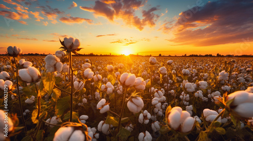 Foto Fair Trade certified cotton field at sunset, warm golden hour light
