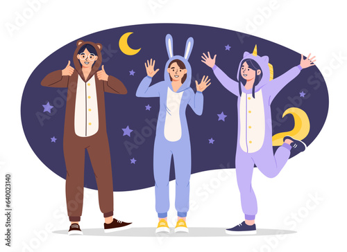 People in kigurumi concept. Man and women at pajama party. Young guy in bear suit and girls in rabbit and unicorn. Comfort and coziness. Event and festival. Cartoon flat vector illustration