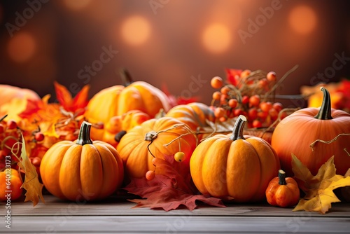 Festive autumn decor from pumpkins, leaves and lights on background