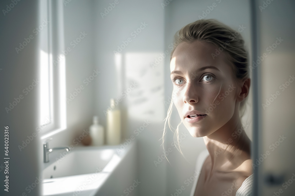 Luminous Tranquility: Blonde Beauty with Blue Eyes Radiates Elegance in a Serene White Bathroom, ai generative