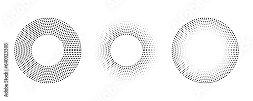 Circle dot frame. Circular border with effect halftone. Modern faded ring. Semitone shape round. Point sphere boarder. Dotted geometric pattern. Graphic small dots element for design prints