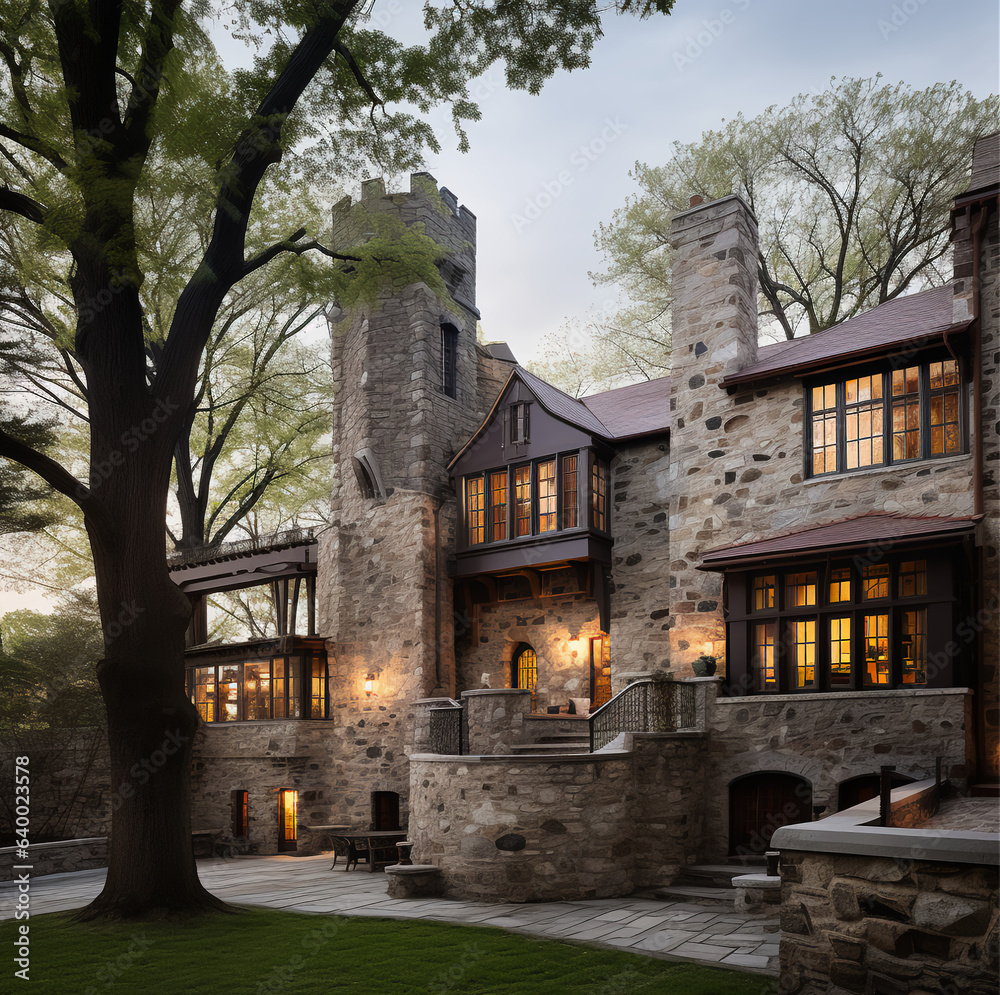 exterior, renovated stone castle with contemporary addition
