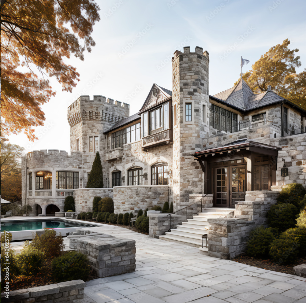 exterior, renovated stone castle with contemporary addition