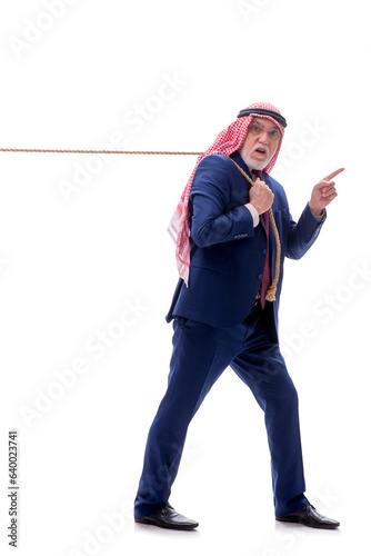 Old arab businessman with rope isolated on white