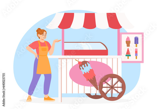 Street icecream vendor concept. Woman in apron near ice cream. Seller of cold dessert and frozen delicacy. Cafe and catering, urban infrastructure. Cartoon flat vector illustration