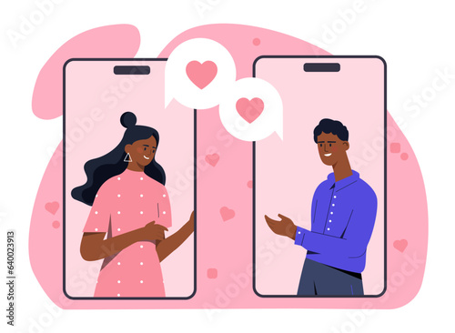 Couple with video call concept. Man and woman communicate in social networks and instant messengers. Mobile application for dating and meeting. Love and romance. Cartoon flat vector illustration